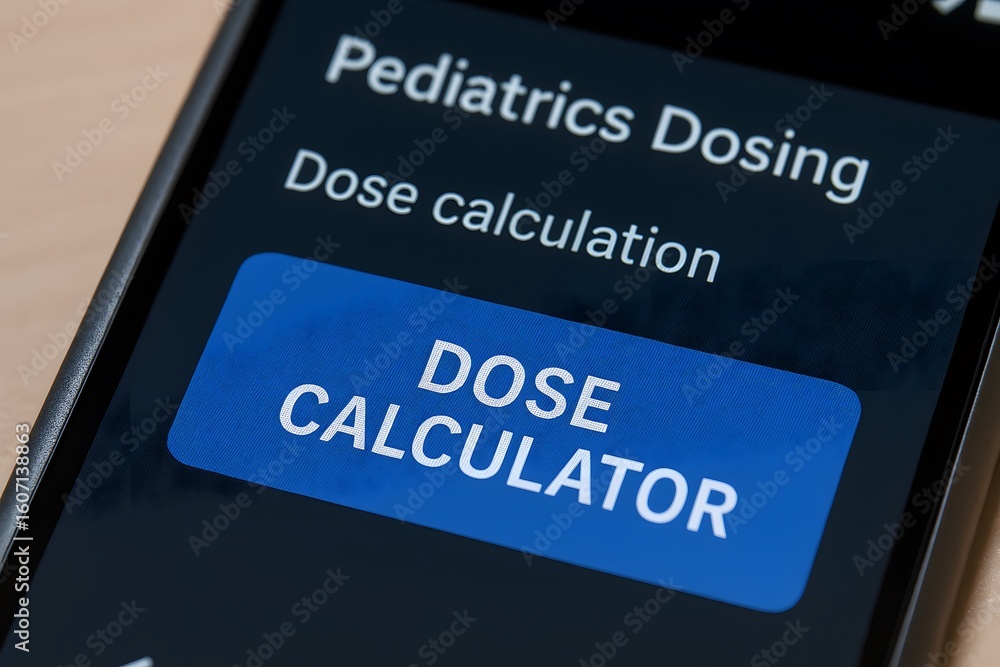 Poster close-up shot of a smartphone screen displaying a pediatric dosing application