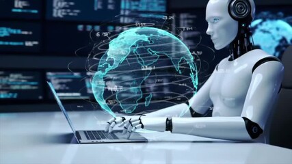 A humanoid robot interacts with a laptop, displaying an animated globe. This demonstrates advancements in artificial intelligence and technology's impact on global connectivity - Powered by Adobe