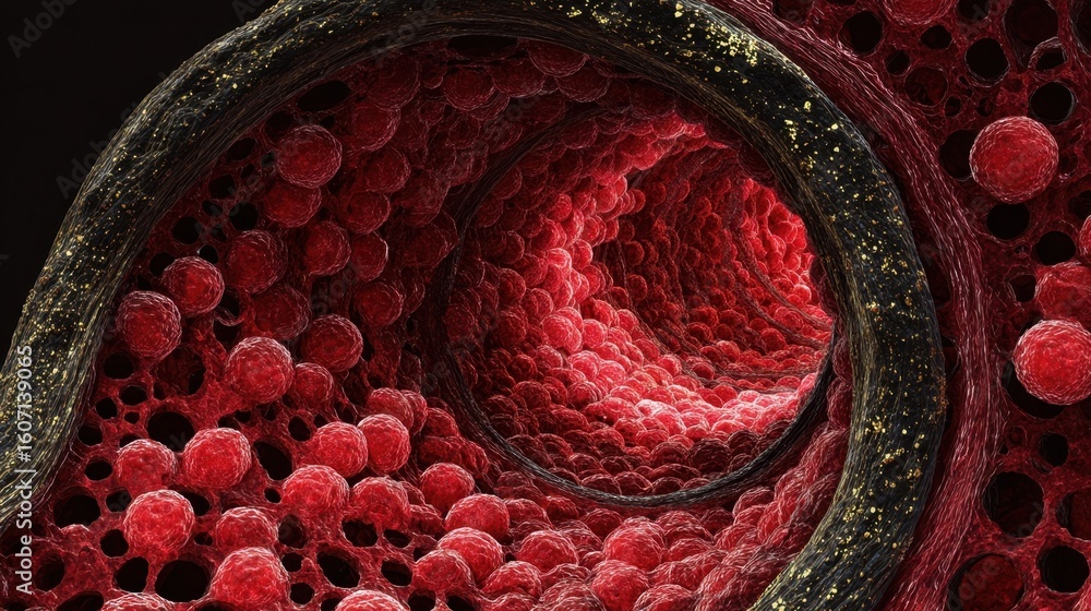 Poster crosssection visualization of marrow cavity overactive with red cell generation pushing dense blood 