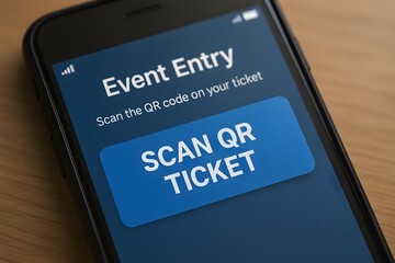 A mobile phone displaying a digital event ticket scanning interface. The phone shows the words Event Entry and a prompt to Scan QR Ticket