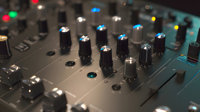 A sleek audio mixer with metallic accents, showcasing professional studio equipment in a clean, modern setup.