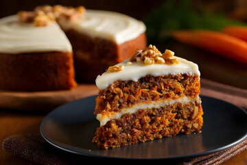 A delicious carrot cake displayed on a wooden platter garnished with walnuts and topped with creamy frosting in a cozy kitchen setting