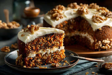A delicious carrot cake displayed on a wooden platter garnished with walnuts and topped with creamy frosting in a cozy kitchen setting
