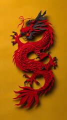 Vibrant red dragon artwork symbolizing power and strength in traditional Asian culture with a striking yellow background