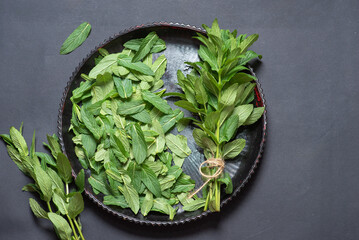 Fresh Green Mint Leaves Arrangement On Black Surface For Sale