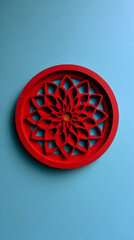 Intricate red circular design on a blue background showcasing artistry and craftsmanship