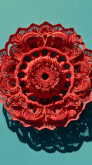 Bright red lace decorative plate casts intricate shadows while showcasing handcrafted artistry on a teal surface