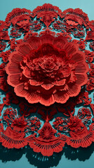 Bright red lace decorative plate casts intricate shadows while showcasing handcrafted artistry on a teal surface