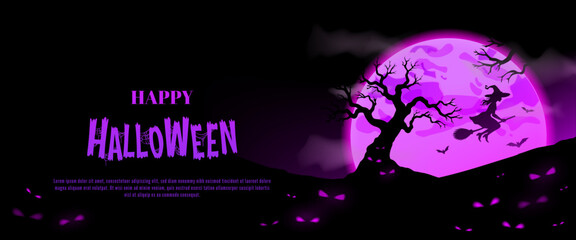 Happy Halloween background, banner with purple moon, bats, silhouette of trees, witch, and creepy eyes looking from the dark. Witches night cover, vector design template for web, promo, advertising.