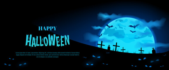 Happy Halloween background, banner with blue moon, bats, clouds, silhouette of graves and creepy eyes looking from the dark. Witches night cover, vector design template for web, promo, advertising.