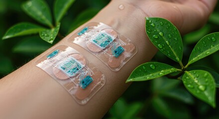 Technology sensor on forearm nature background