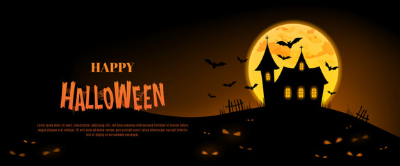 Happy Halloween background, banner with yellow moon, bats, silhouette of castle, house, and creepy eyes looking from the dark. Witches night cover, vector design template for web, promo, advertising.