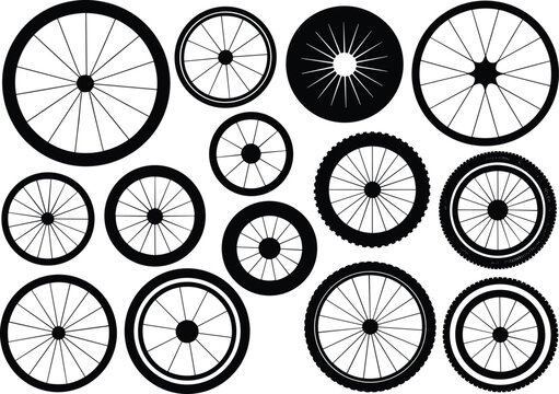 Bicycle wheels collection, black and white bike rims, vintage and modern cycle wheel silhouettes, various spokes, vector illustration