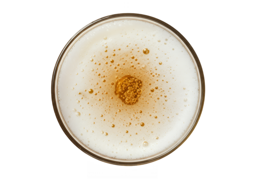 Top view of a frothy beer with foam isolated on transparent background