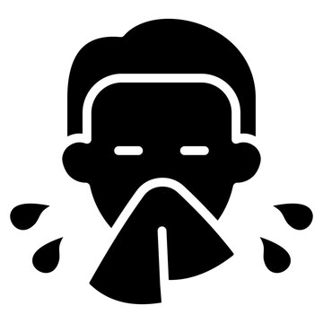 Sneezing Glyph Black Silhouette Icon Design Vector - Person sneezing with droplets, indicating allergy, flu symptoms, or viral transmission