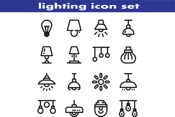 lighting outline icon set. ambient light, led strip, incandescent light, lamp, floor lamp.