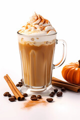 Pumpkin spiced latte in tall glass with handle surrounded by cinnamon sticks,  pumpkin and coffee beans