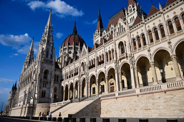 elevation detail of the neo gothic stone parliament building in Budapest along the Danube river....