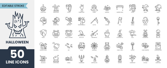 Halloween line editable icon set. Containing pumpkin, ghost, skull, haunted, spider, broomstick, grave, spooky and more. Vector illustration