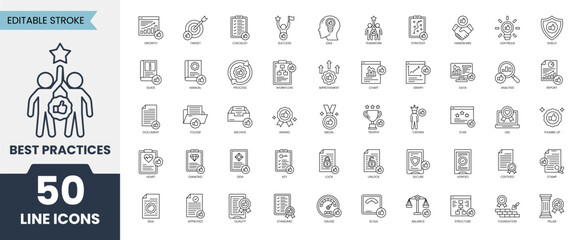 Best practices icon set. Containing target, workflow, improvement, growth, teamwork, standards and more. Vector illustration