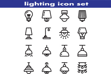 lighting outline icon set. ambient light, led strip, incandescent light, lamp, floor lamp.