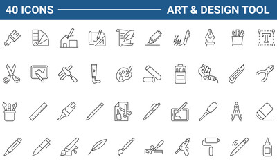 Art and Design Tools set of web icons in line or outline style. Icons for web and mobile app. Outline icons collection. Editable Stroke. Vector illustration.