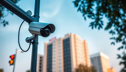 Street corner CCTV camera mounted on a pole against a blurred city background, watcher, lens
