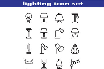 lighting outline icon set. ambient light, led strip, incandescent light, lamp, floor lamp.
