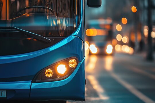 Blue city bus at night.  Urban traffic.  Focused on front of bus, blurred background.  Street lights, other vehicles visible