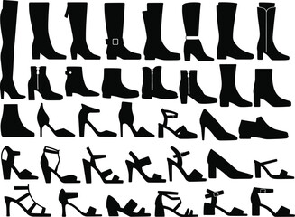 High heel and boot silhouettes, stylish women's shoes collection, black footwear icons, fashion heels and sandals vector illustration set