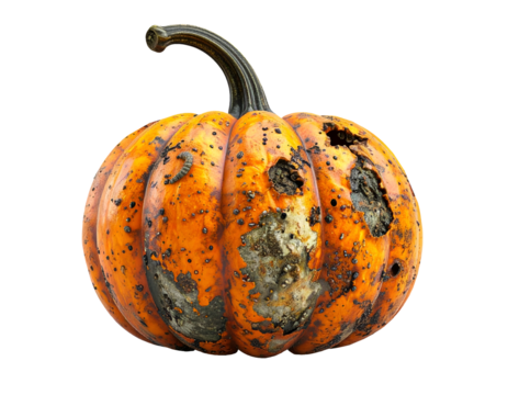 Rotten pumpkin with mold, decay spots, and large holes on isolated background