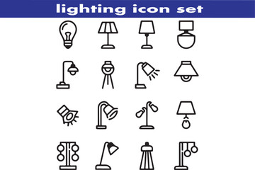 lighting outline icon set. ambient light, led strip, incandescent light, lamp, floor lamp.