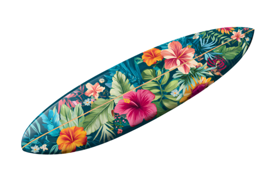 Tropical floral surfboard curved design on a transparent background