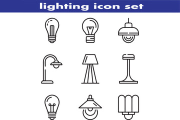 lighting outline icon set. ambient light, led strip, incandescent light, lamp, floor lamp.