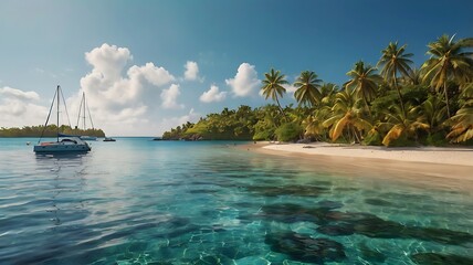 Naklejka premium Idyllic Tropical Beach Scene with Clear Turquoise Water and Lush Green Palm Trees on a Sunny Day