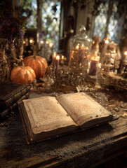 Old magic book lies on the table, Halloween concept
