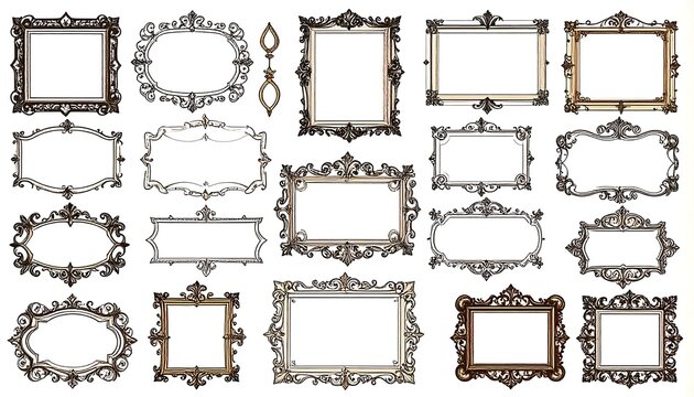 Ornate picture frames in various shapes and colors