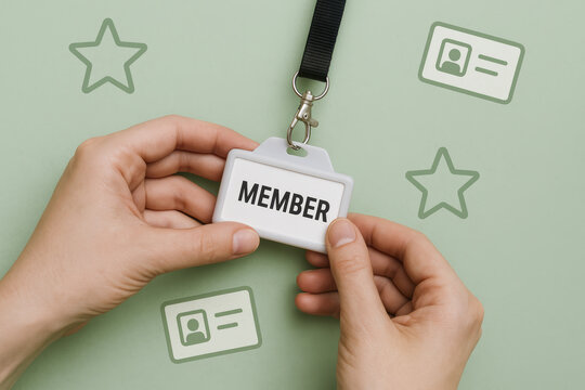 Member badge held by hands symbolizes identity membership and secure access for organization verification