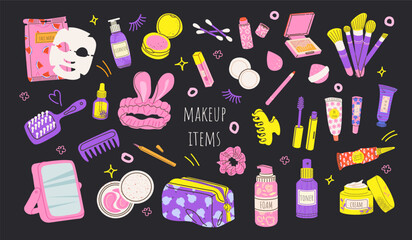 Teen osmetic makeup products in bottles, jars set. Eyeshadow palettes, lipsticks, brushes, cream tubes, and blush. Cosmetic industry and personal care. Hand drawn doodle set, contemporary style