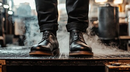 Sophisticated Black Leather Shoes with Steam and Workshop Background Creating a Unique Atmosphere