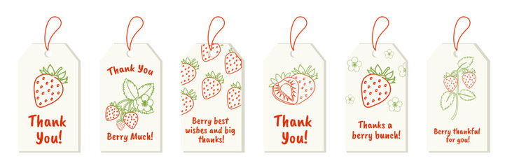 Hand drawn strawberry gift tags. Fun printable fruit themed tag collection for packaging, gifting, and stationery. Vector flat doodle illustration.