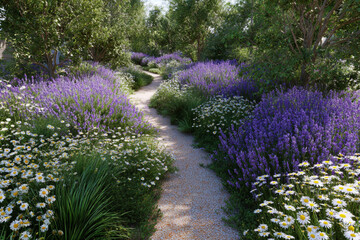 Obraz premium Beautiful winding path through vibrant lavender and daisy garden in the afternoon sunlight surrounded by greenery