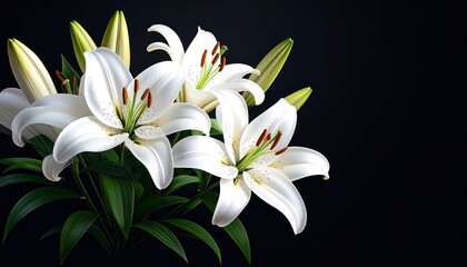 Naklejka premium Realistic white lilies on a black background