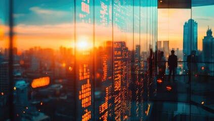 Cityscape at sunset, financial data reflected in glass