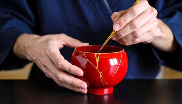 Person decorating a red bowl with gold paint
