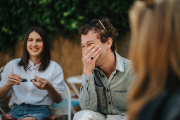 A cheerful outdoor gathering of friends enjoying conversations and laughter on a sunny day.