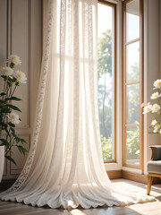 Neutral curtains gently blowing through an open window in a peaceful, light-filled interior with soft natural tones and elegant daylight - ideal for real estate and lifestyle home branding visuals