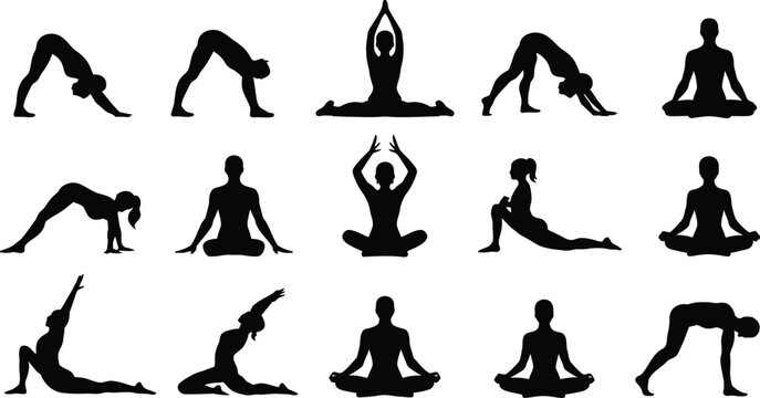 Collection of diverse yoga poses silhouette isolated on transparent background