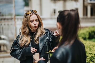 Two stylish young women having a conversation outdoors, wearing casual leather jackets and...