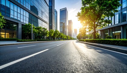 City street scene with modern skyscrapers and greenery